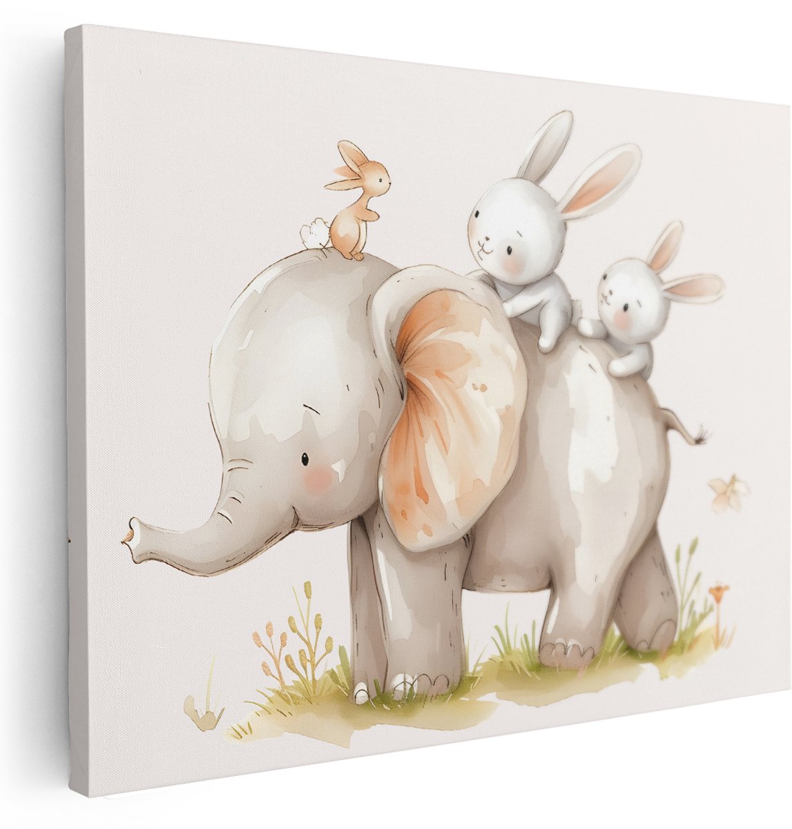 Artaza Canvas Schilderij Dieren - 160x120 cm - Groot - Wanddecoratie Babykamer - Muurdecoratie Olifant Konijn - Schilderijen Op Canvas Kinderkamer