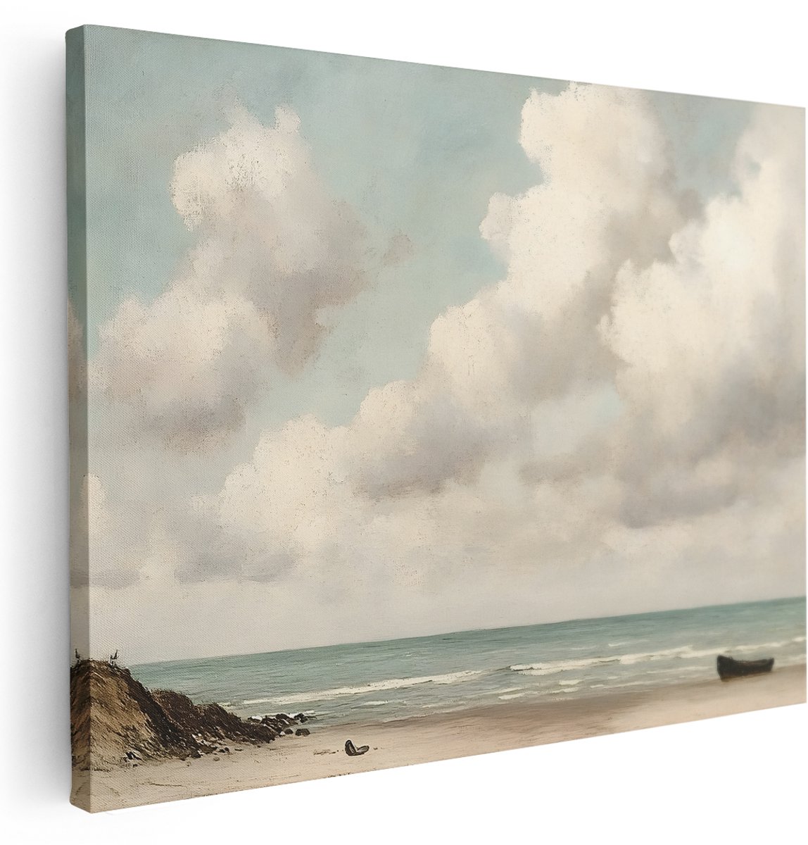 Artaza Canvas Schilderij Zee Landschap - 160x120 cm - Groot - Wanddecoratie Natuur Strand - Muurdecoratie Vintage Boot - Schilderijen Op Canvas