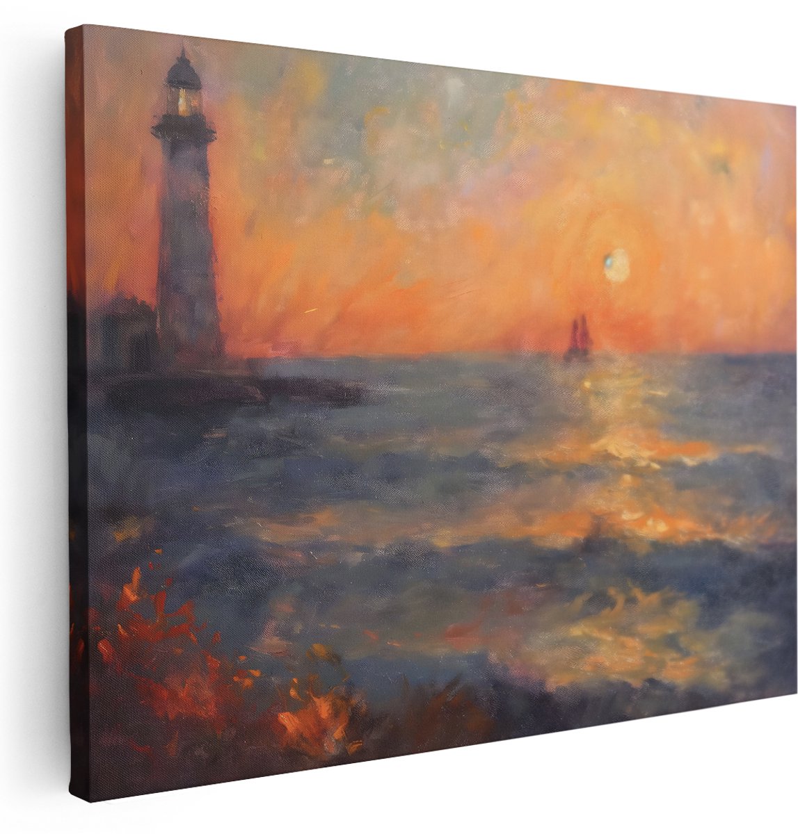 Artaza Canvas Schilderij Zonsondergang Zee - 160x120 cm - Groot - Wanddecoratie Vuurtoren - Muurdecoratie Landschap - Decoratie Kust - Oranje