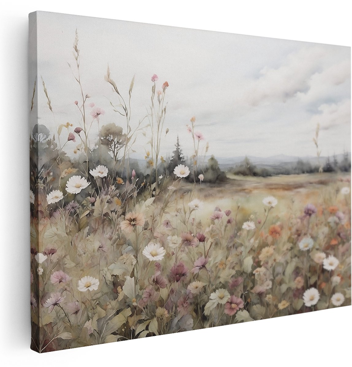 Artaza Canvas Schilderij Wilde Bloemen - 160x120 cm - Groot - Wanddecoratie Landschap - Muurdecoratie Natuur - Boho Decoratie Woonkamer - Aquarel