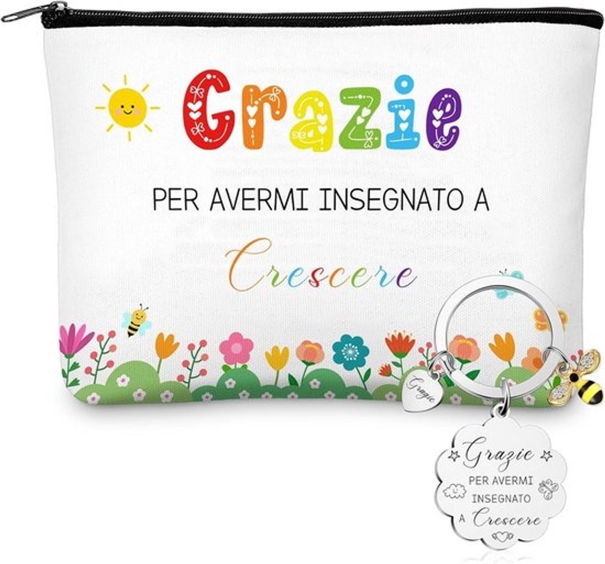 Bedankcadeau Set voor Leraren: Canvas Make-up Tas en Sleutelhanger met Opdruk