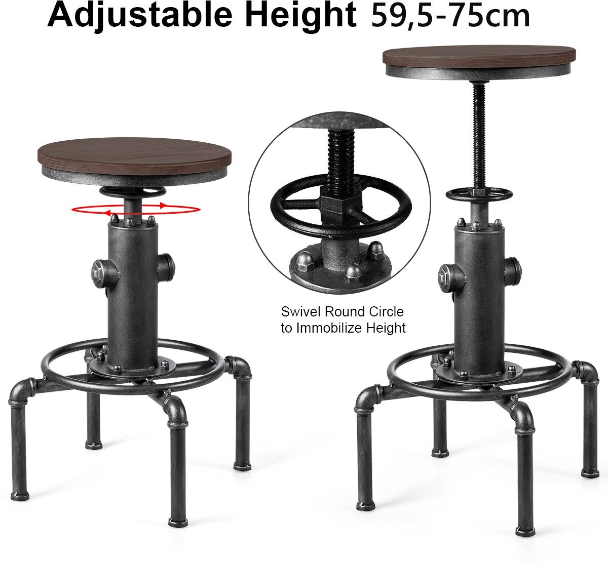 SureDeal® - Barkruk - Hoogte Verstelbaar Barstoel - Metaal - Voetensteun Vintage Bistrokruk - 44x44x59,5 cm - Zilver