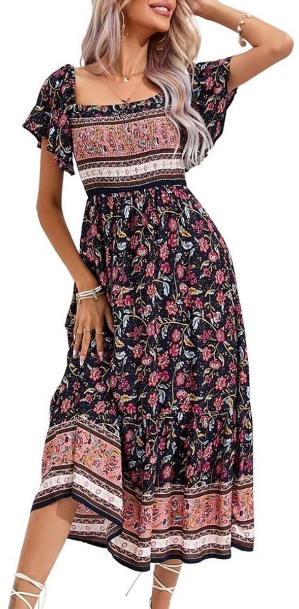 Boho Zomerjurk voor Dames - Korte Mouwen, Maxi-Jurk, Gesmokte Strandjurk en Bloemenjurk