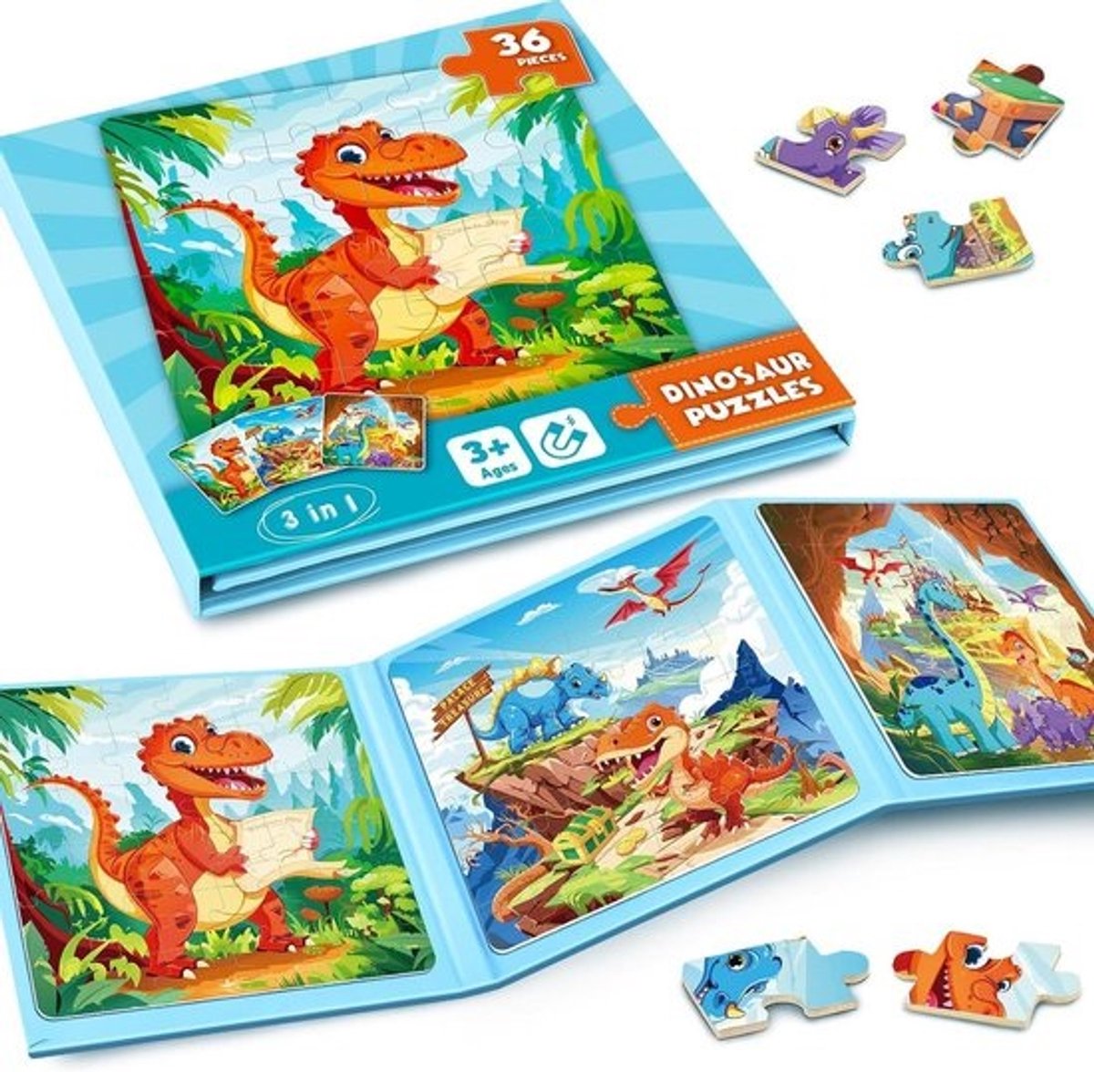 Magnetische dinosauruspuzzels voor kinderen, 36 stuk reispuzzel voor 3-8 jaar, stimulerend speelgoed voor peuters