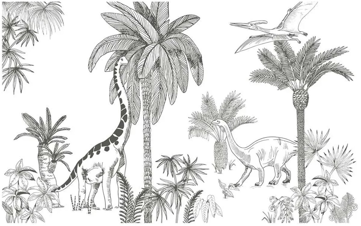 Lilipinso fleece muurschildering dinosaurus met palmbomen grijs