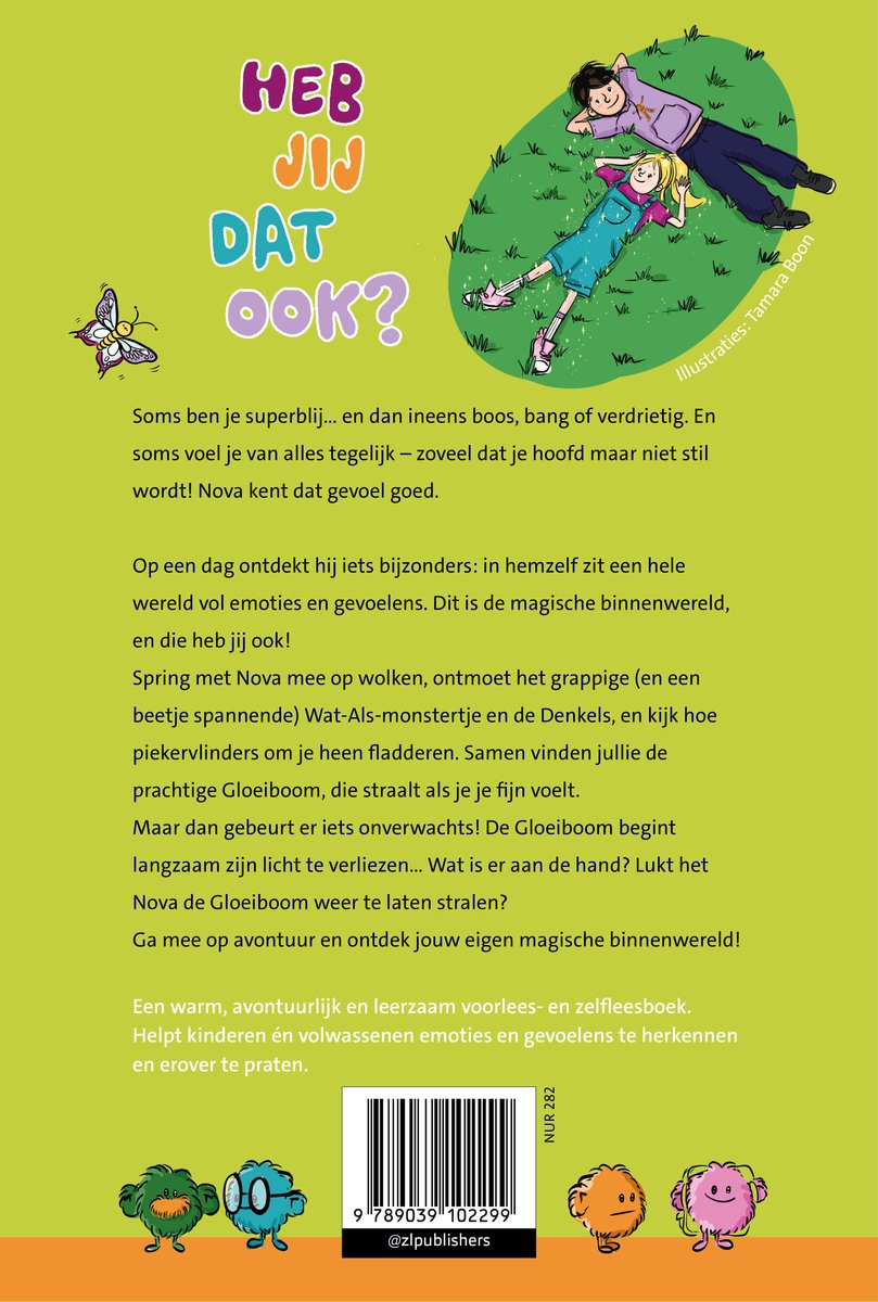 Achterkant van het boek 'Nova en Lumi'. Een jongen en meisje liggen op het gras. De tekst is 'Heb jij dat ook?'. Monsters onderaan.