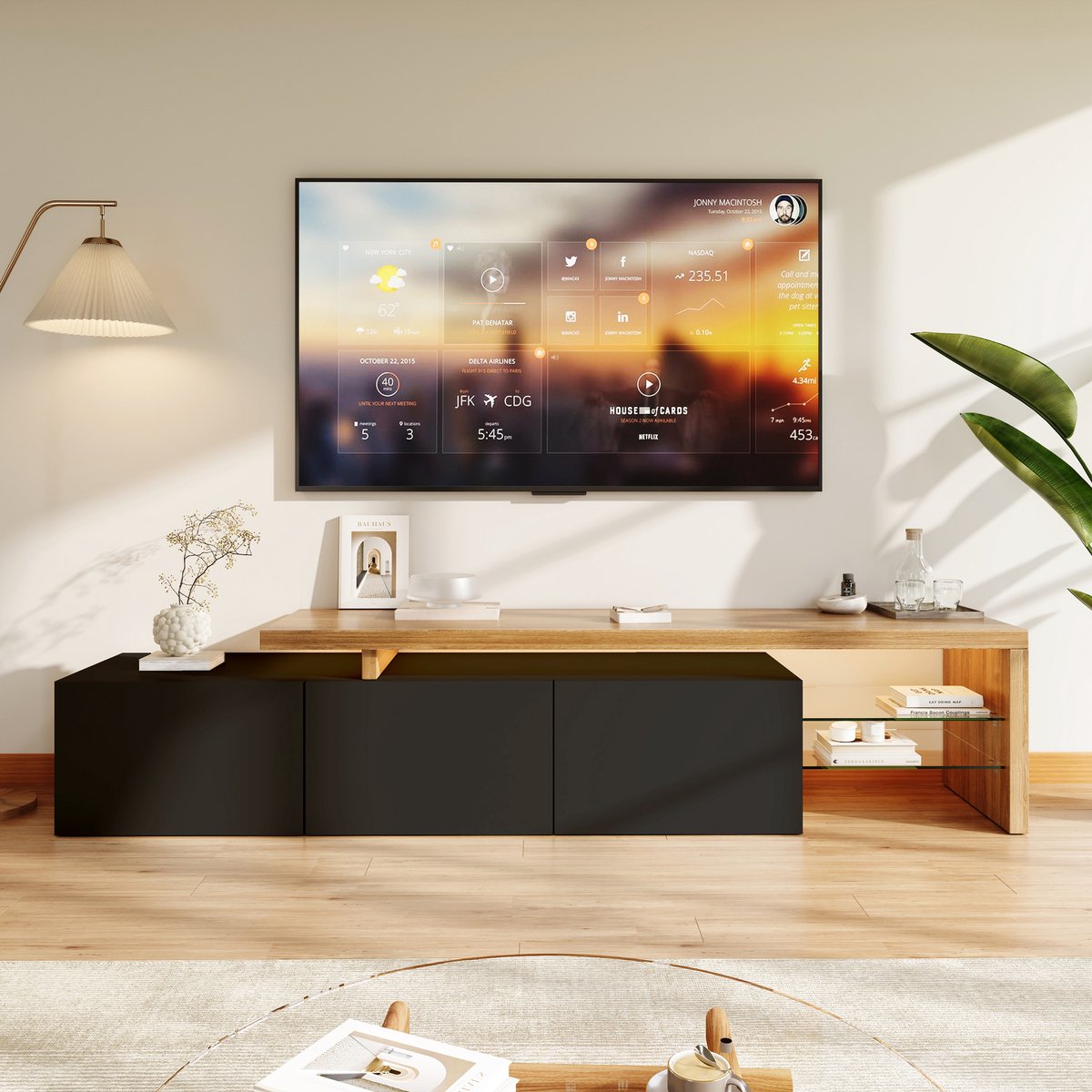 TV-meubel 200x39x42 cm, tv-kast met LED-verlichting, 3 deuren en open opbergvakken, opbergkast voor woonkamer, slaapkamer of kantoor, zwart