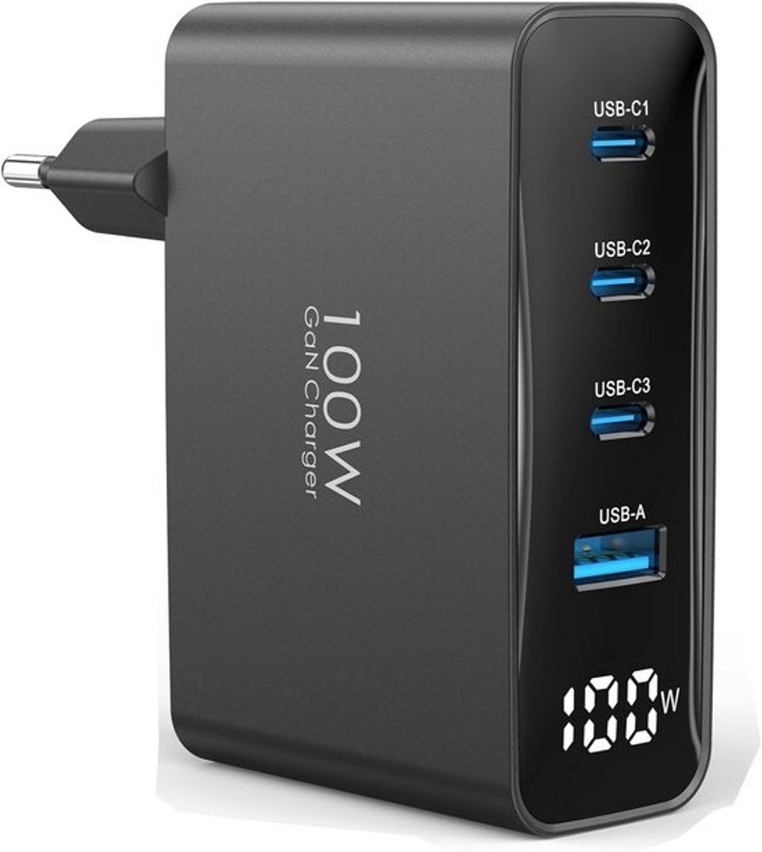 100W USB-C Snellader met Digitaal Display en 2x 2m Kabel - 4 Poorten GaN Oplader
