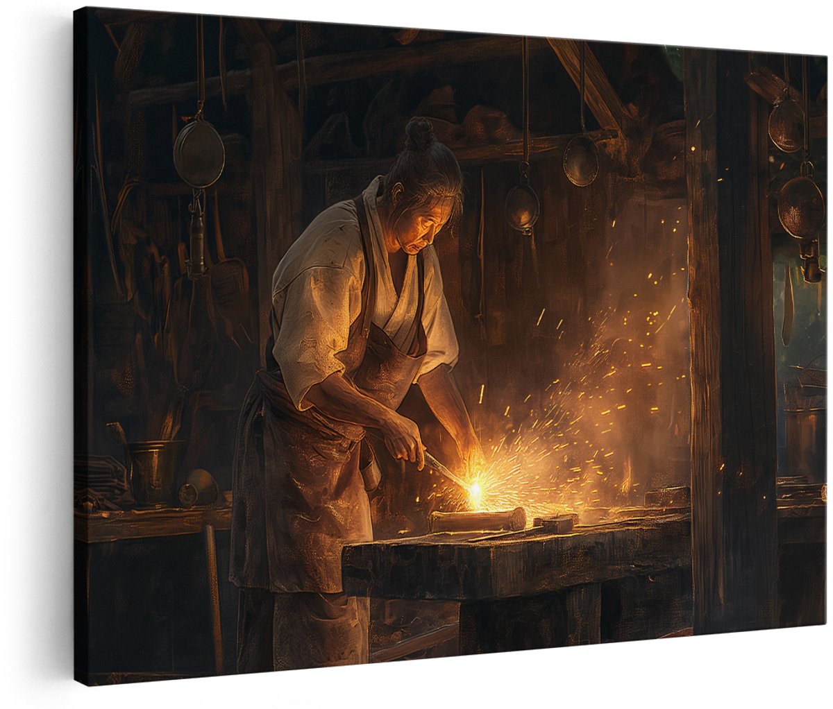 Artaza Canvas Schilderij Smid - 150x100 cm - Groot - Wanddecoratie Industrieel - Muurdecoratie Japan - Decoratie Ambacht - Schilderijen Op Canvas