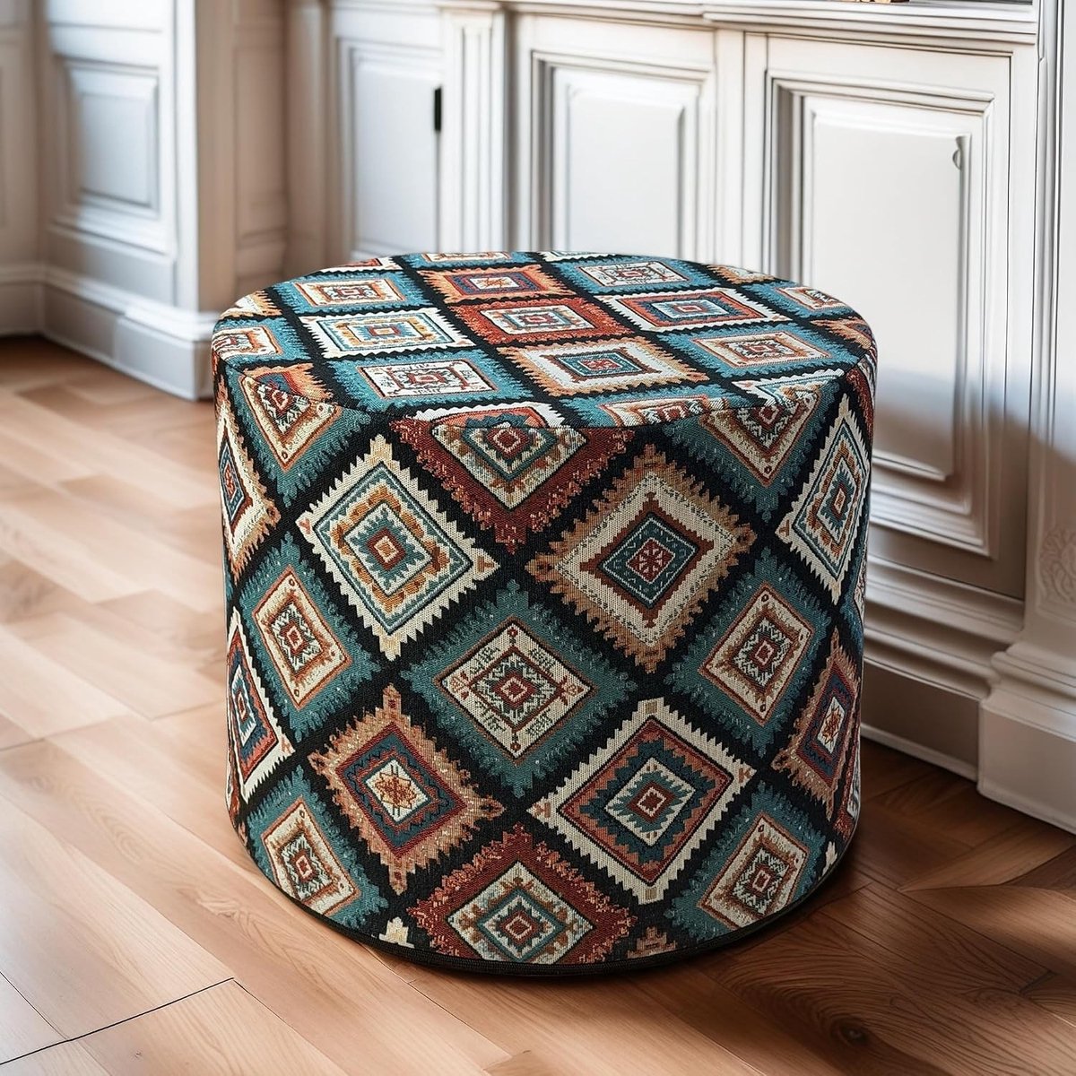 Bohemian Ronde Zitzak, Voetsteun Pouf Ottoman met Afneembare Geborduurde Hoes, Dikke Schuimkussen voor Woonkamer, Slaapkamer en Gang, 49x49x35cm