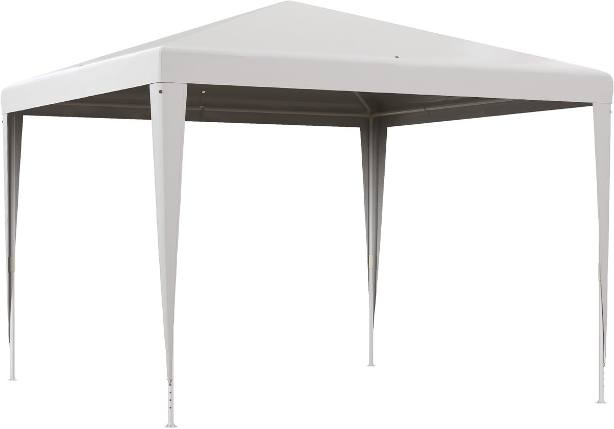 Afneembare tuintent/paviljoen van 3x3 meter met 4 afwateringsgaten en witte stalen buizen.