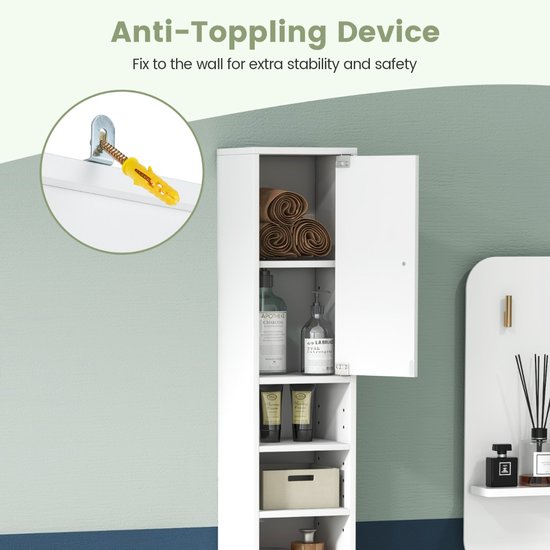 Detail van het anti-tipping apparaat voor de witte badkamerkast. Bovenkant van de kast met handdoeken en zeep.