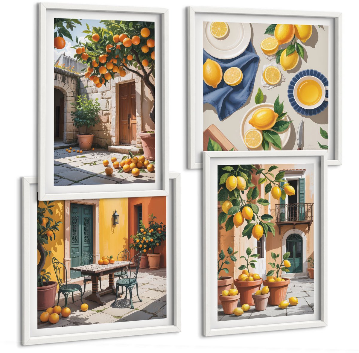 Wallfluent 4-Delige Schilderij Set - Citrusvruchten In Een Zonnige Tuinscène - 40 x 40 En 40 x 60 - Muurdecoratie - Wanddecoratie - Slaapkamer - Interieur Decoratie