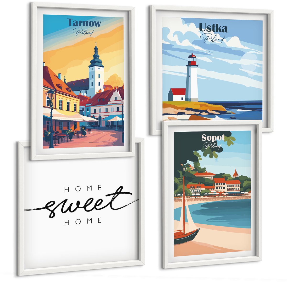 Wallfluent 4-Delige Schilderij Set - Uitzicht Op De Poolse Steden Ustka Tarnów Sopot - 40 x 40 En 40 x 60 - Wanddecoratie - Muurdecoratie - Moderne Interieurdecoratie - Woonkamer Decoratie