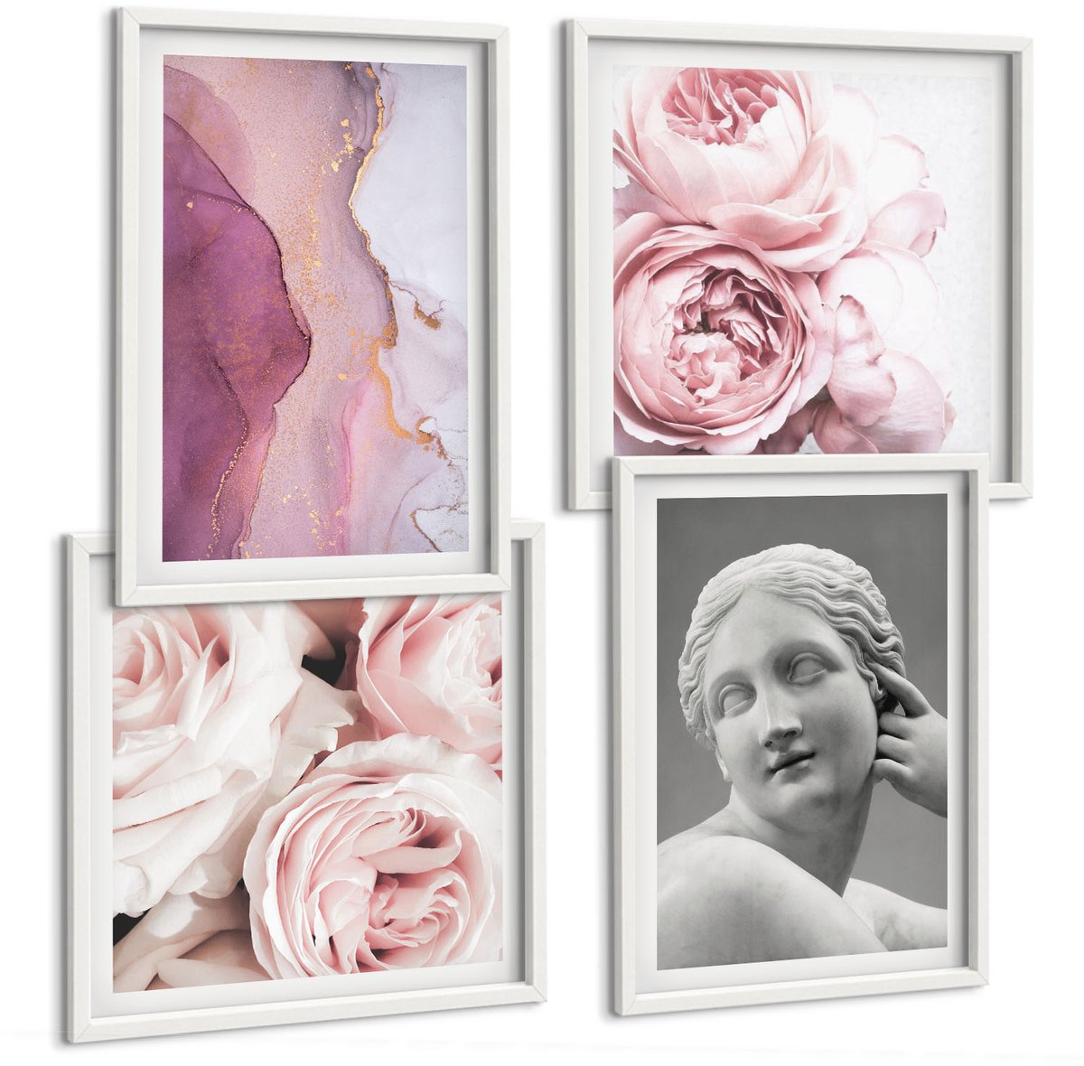 Wallfluent 4-Delige Schilderij Set - Romantische Pioenrozen Sculptuur Van Een Vrouw Abstractie - 40 x 40 En 40 x 60 - Stijlvolle Wanddecoratie - Interieur