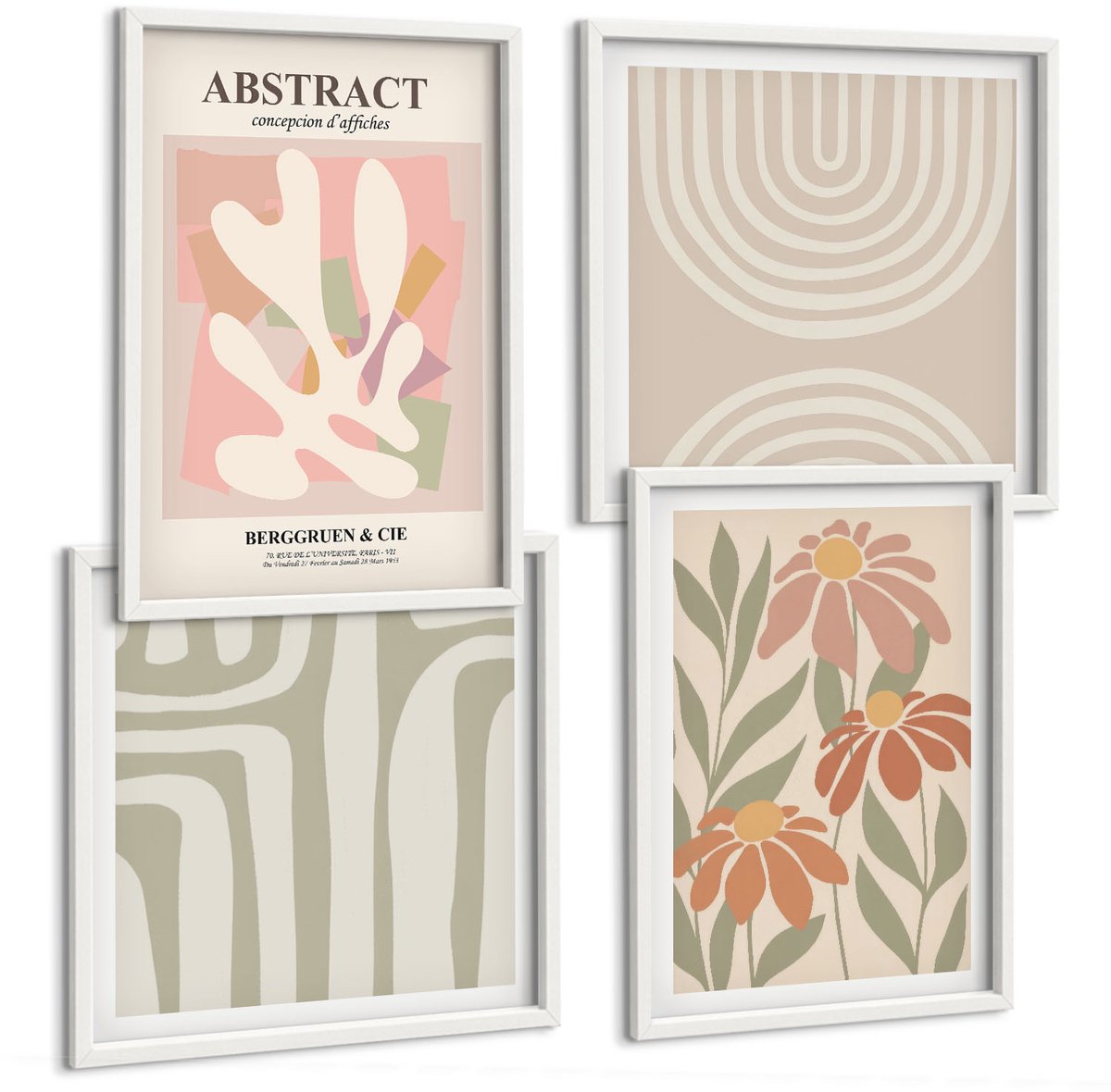Wallfluent 4-Delige Schilderij Set - Abstracte Vormen Met Plantmotieven In Pastelkleuren. - 40 x 40 En 40 x 60 - Decoratieve Schilderijen - Woonkamer - Interieur - Muurdecoratie