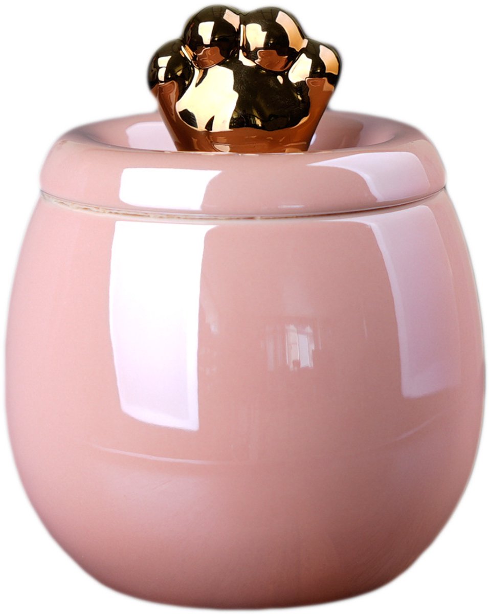 Keramische urn voor huisdier 500ml, ronde pot met verguld pootafdruk deksel, herdenkingsurn voor kat en kleine hond，Decoratie Urn