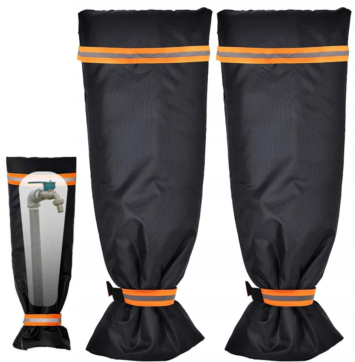 Beschermhoes voor buitenkranen tegen vorst - met reflecterende strip en klittenband - Winterbeschermhoes - Isolatie en vorstbescherming voor buiten - Winterse beschermhoes voor buitenkranen tegen vorst - 2 stuks - 26x64 cm - Gevoerd - Zwart