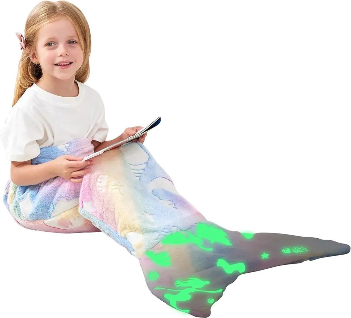Casalora Kinder Lichtgevende Zeemeermin Staartdeken – Zacht Flanel – Slaapzak en Deken in Eén – 130-170 cm – Regenboog Zeemeermin Patroon