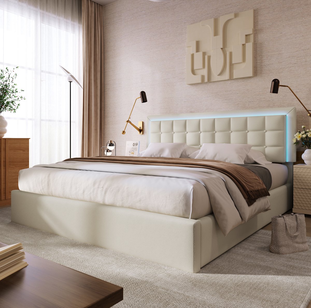 Bedframe 160x200 Cm Met Opbergruimte En Led Verlichting - Kunstleer - Wit - Lattenbodem Zonder Matras