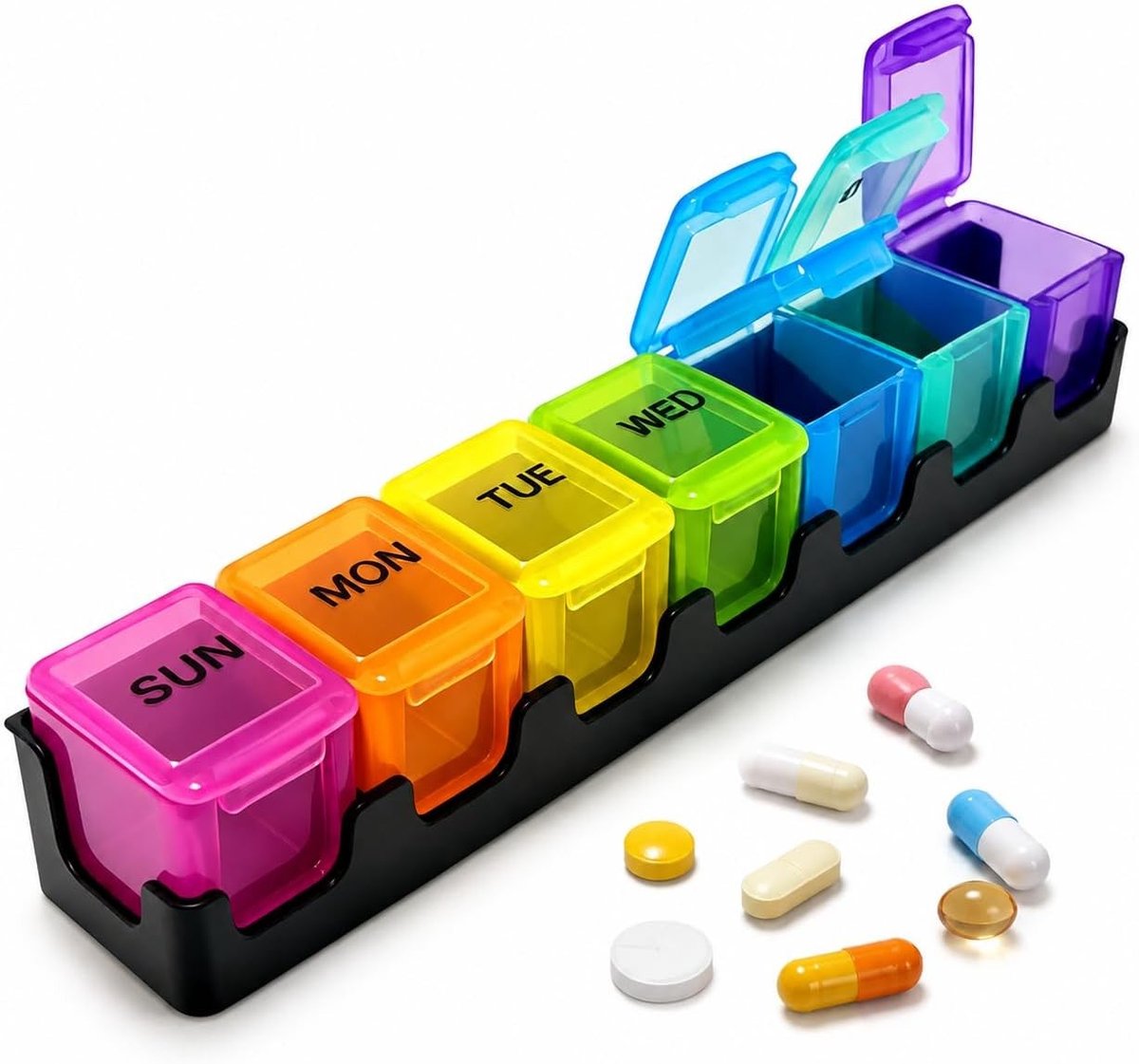 Pillendoos voor 7 dagen met 7 vakken, handige organizer voor vitamines, supplementen en medicijnen, perfect voor reizen en dagelijks gebruik, compact en eenvoudig te openen