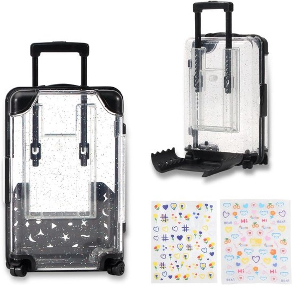 Mini spaarpot koffer - Opbergdoos decoratie - Geld bewaren - Met telefoonhouder - 13.5 cm - Transparant