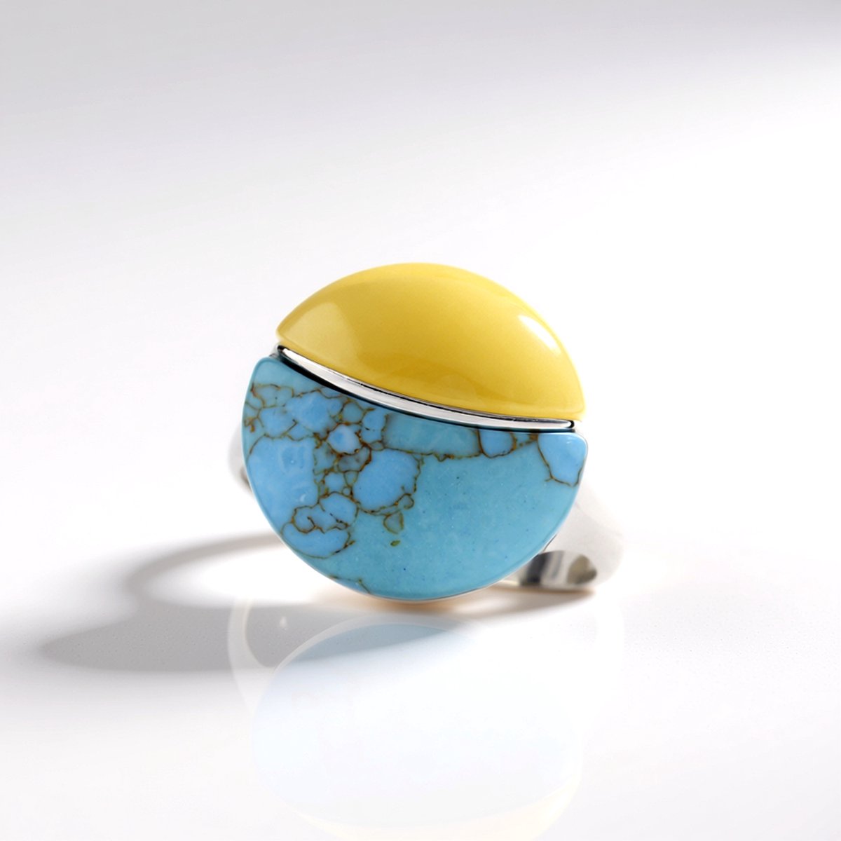 Cavill - 925 Sterling Zilver Ring - 2,3 ct Turkoois & 0,85 ct Baltische Barnsteen - Handgemaakt - Geometrisch Damesring