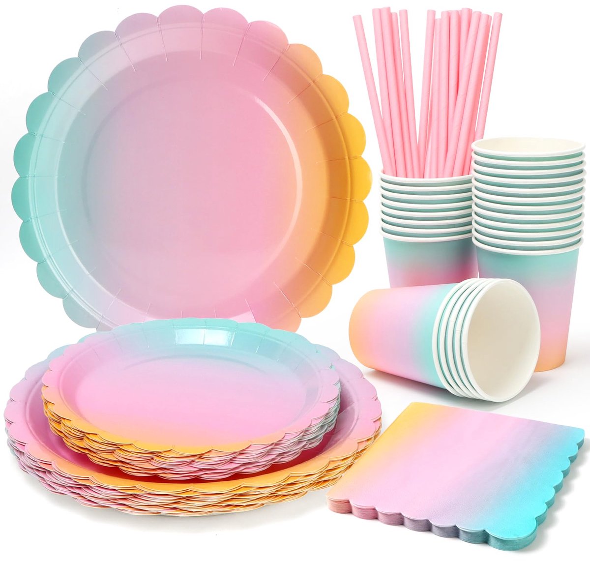 PARTY GO 125 stuks kleurrijke feestservies voor 25 gasten, papieren borden, bekers, servetten, rietjes voor - ShopVlot
