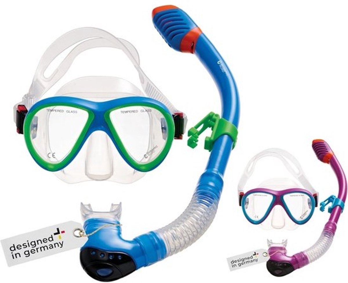 Kindvriendelijke snorkelset met duikmasker en dry-top snorkel, inclusief netzak