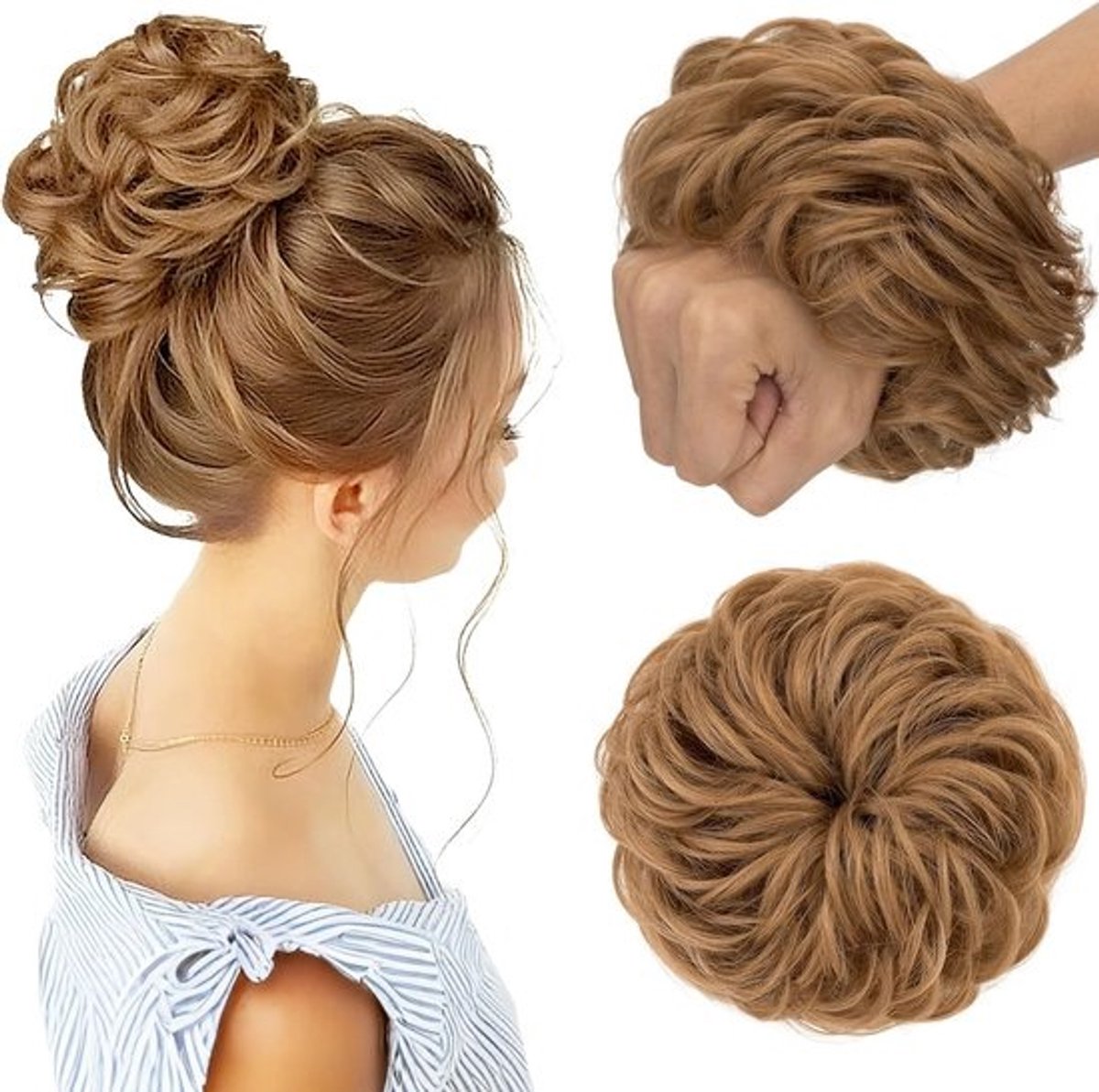 Krullende Haar Scrunchie 45g - Dikke Knot Haarstuk voor Direct Volume in Lichtbruin