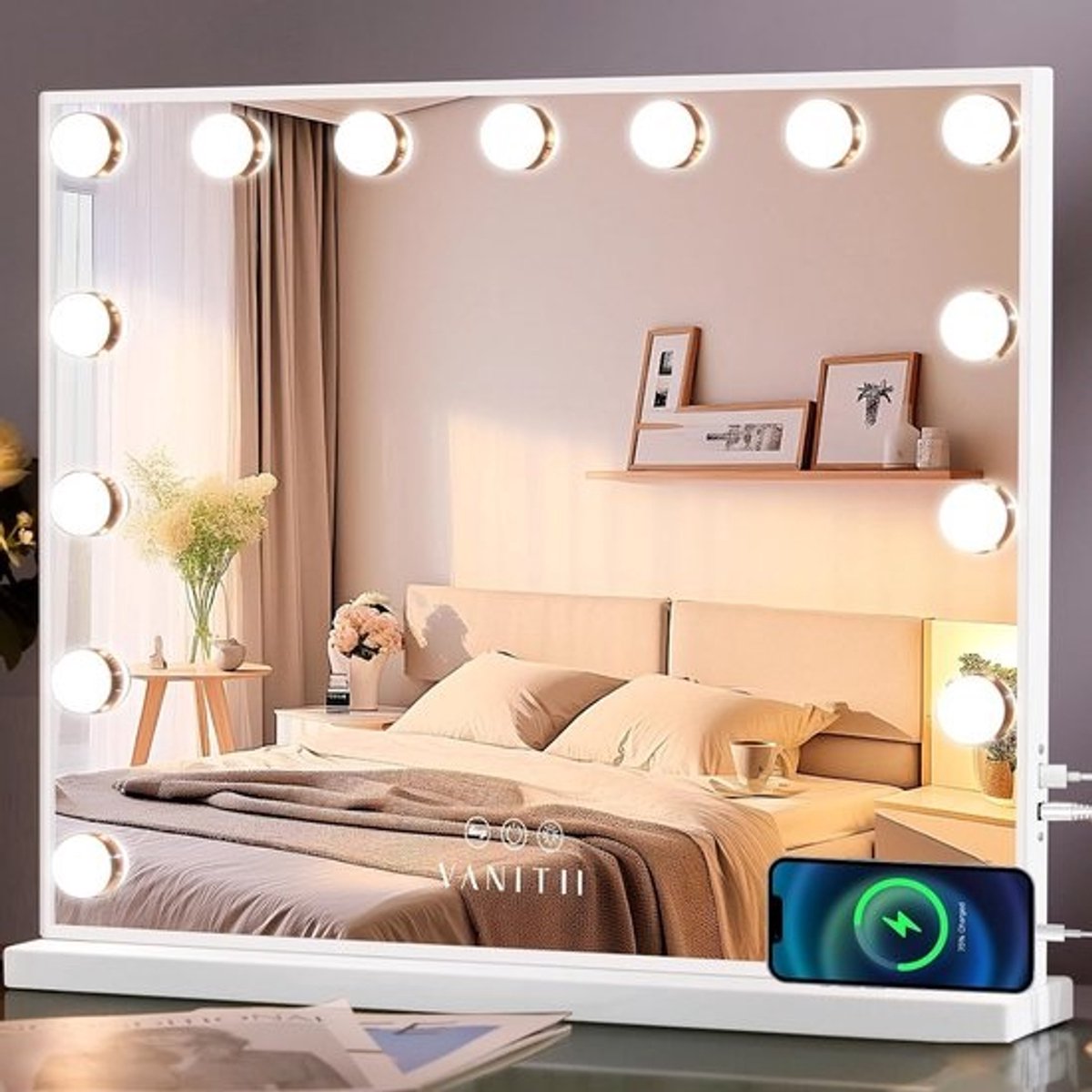 Grote Hollywood make-upspiegel met verlichting en USB-oplaadpoort - Dimbaar met 3 kleuren verlichting voor slaapkamer