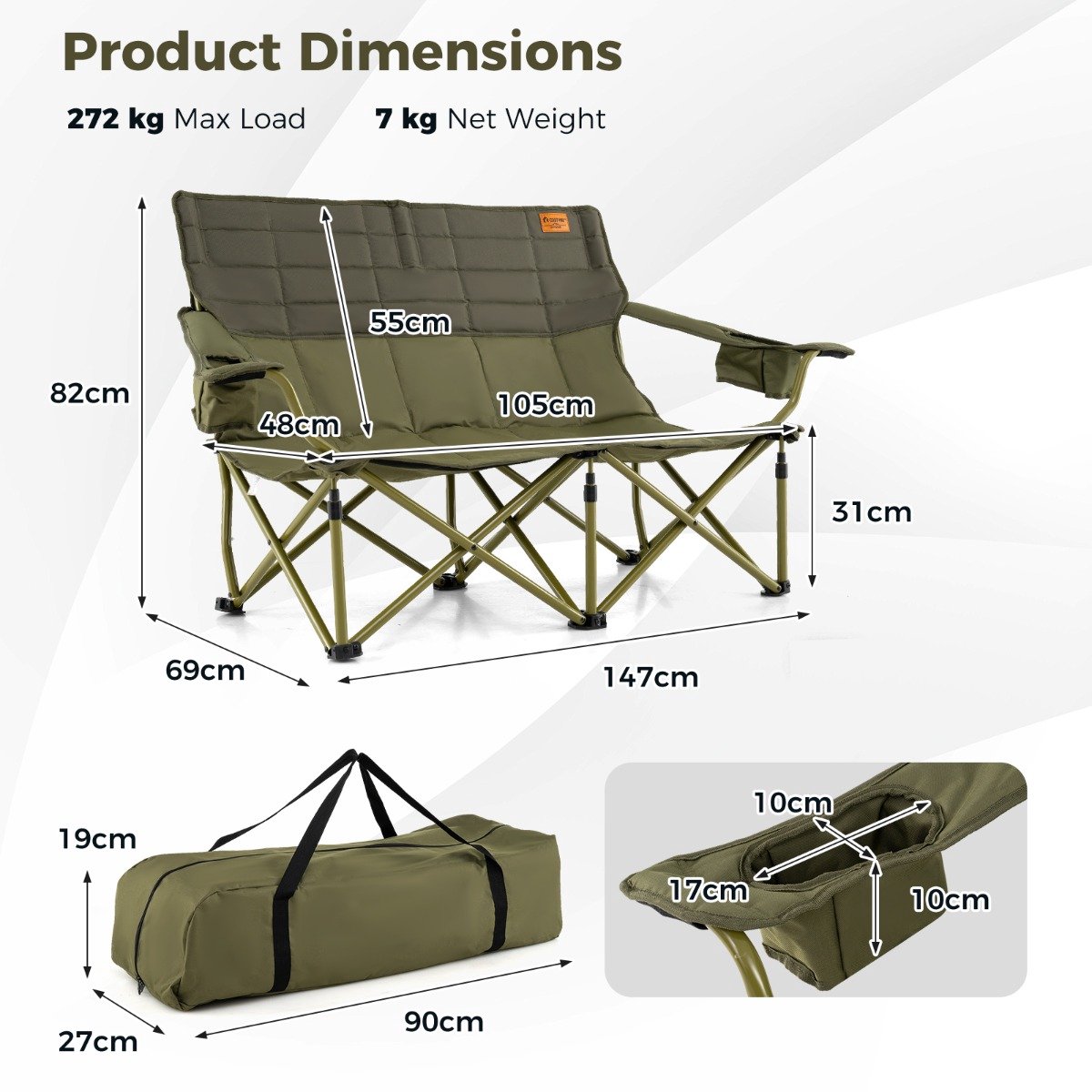 SureDeal® - Kamper - Oversized Campingstoel Opvouwbare - Bekerhouders Dikke Vulling - Buitengebruik - 149x70x80 cm - Groen