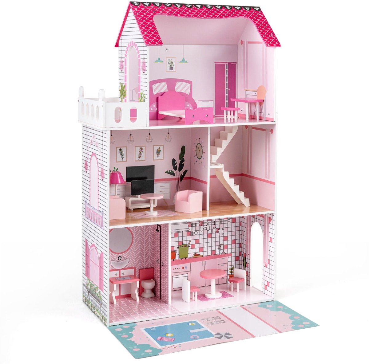 SureDeal® - Rollenspell - Houten Poppenhuis Poppenhuis - Kinderen - Delige Meubelset - 74,5x34x120,5 cm - Roze
