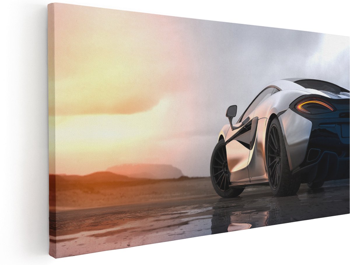 Artaza Canvas Schilderij Zilveren Sportwagen Auto Bij Zonsondergang - 160x80 cm - Groot - Wanddecoratie Woonkamer - Schilderijen - Muurdecoratie