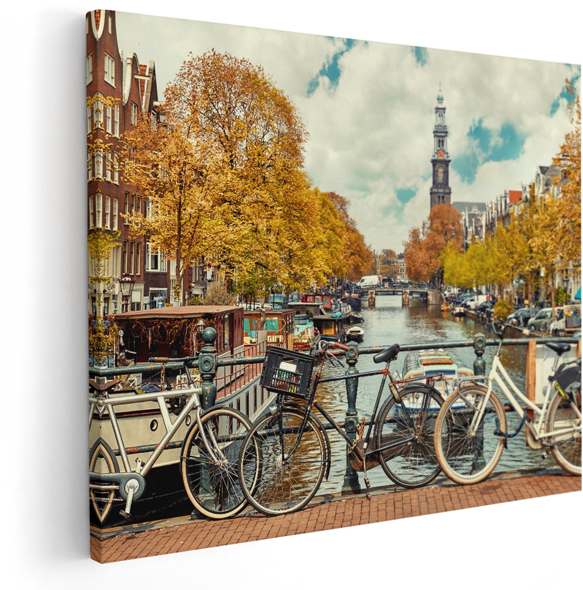 Artaza Canvas Schilderij Amsterdamse Brug Bij Een Brug Met Fietsen - 150x120 cm - Groot - Wanddecoratie Woonkamer - Schilderijen - Muurdecoratie