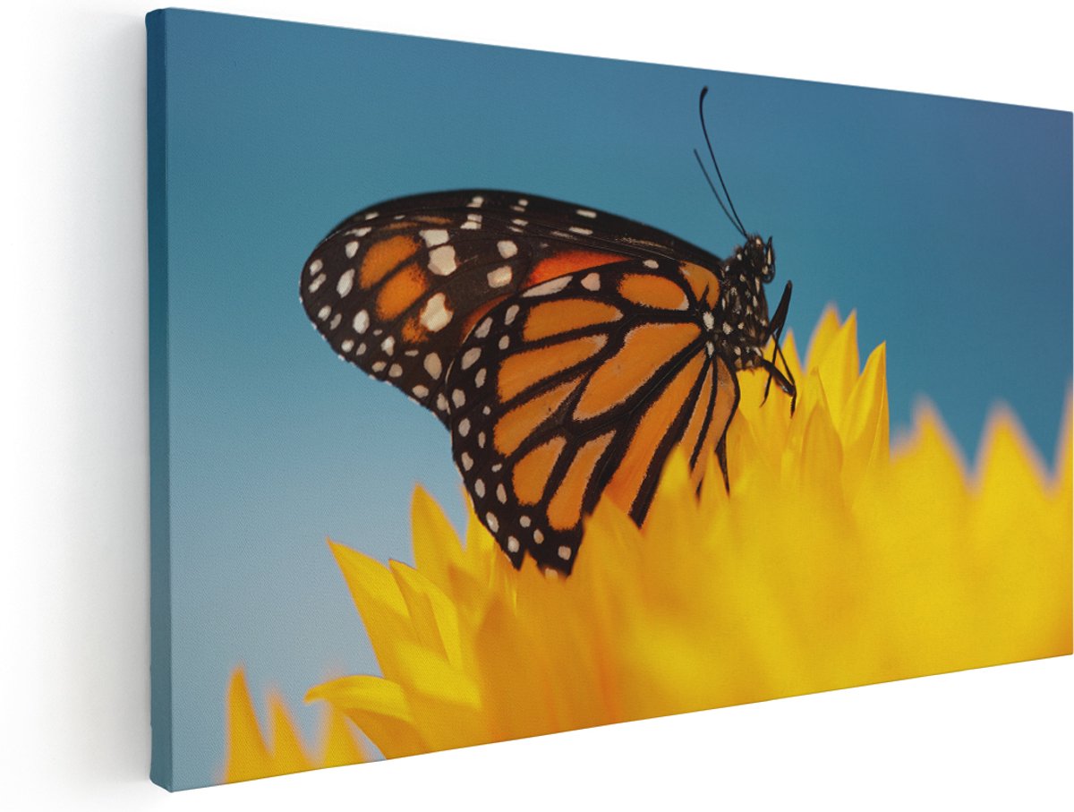 Artaza Canvas Schilderij Oranje Vlinder Bij Een Zonnebloem - 160x80 cm - Groot - Wanddecoratie Woonkamer - Schilderijen - Muurdecoratie