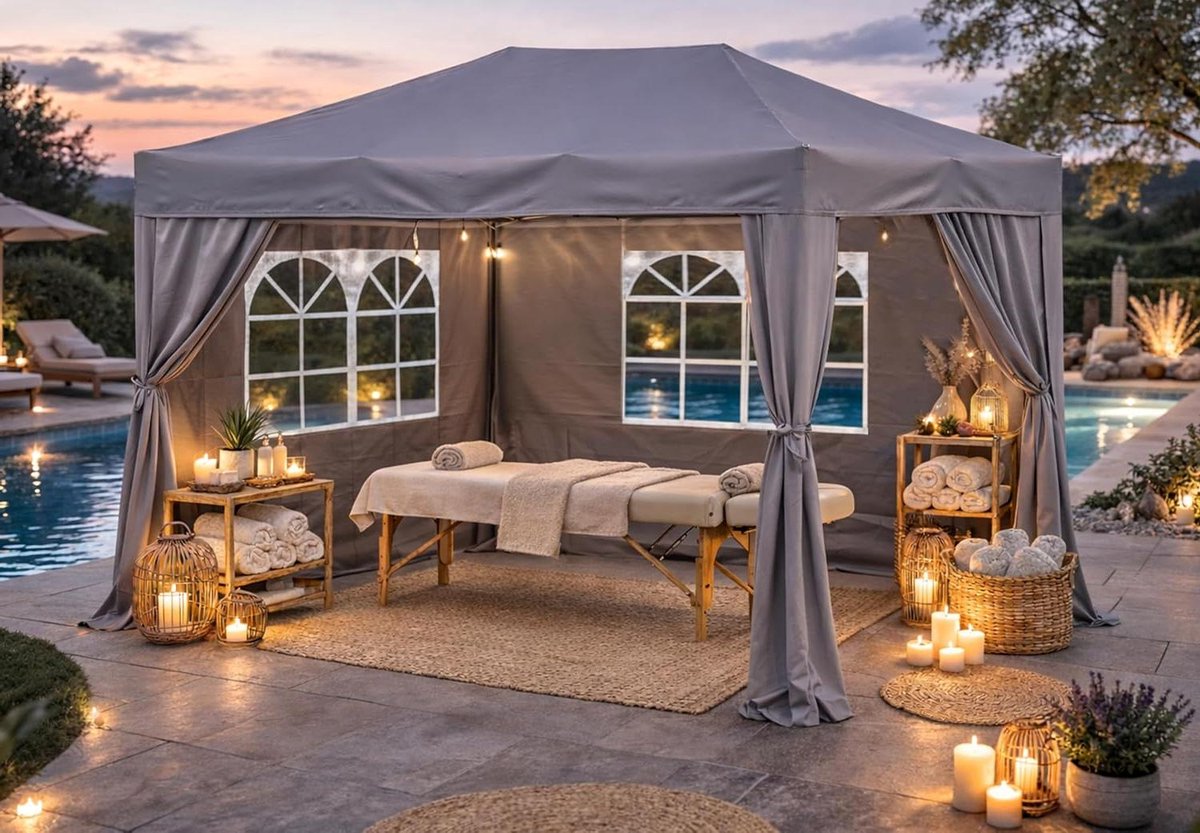 Pop-up paviljoen - Vouwtent balkon - Feestelijke gelegenheden - Met 4 zijwanden - 15 x 29 meter - Smoky grijs