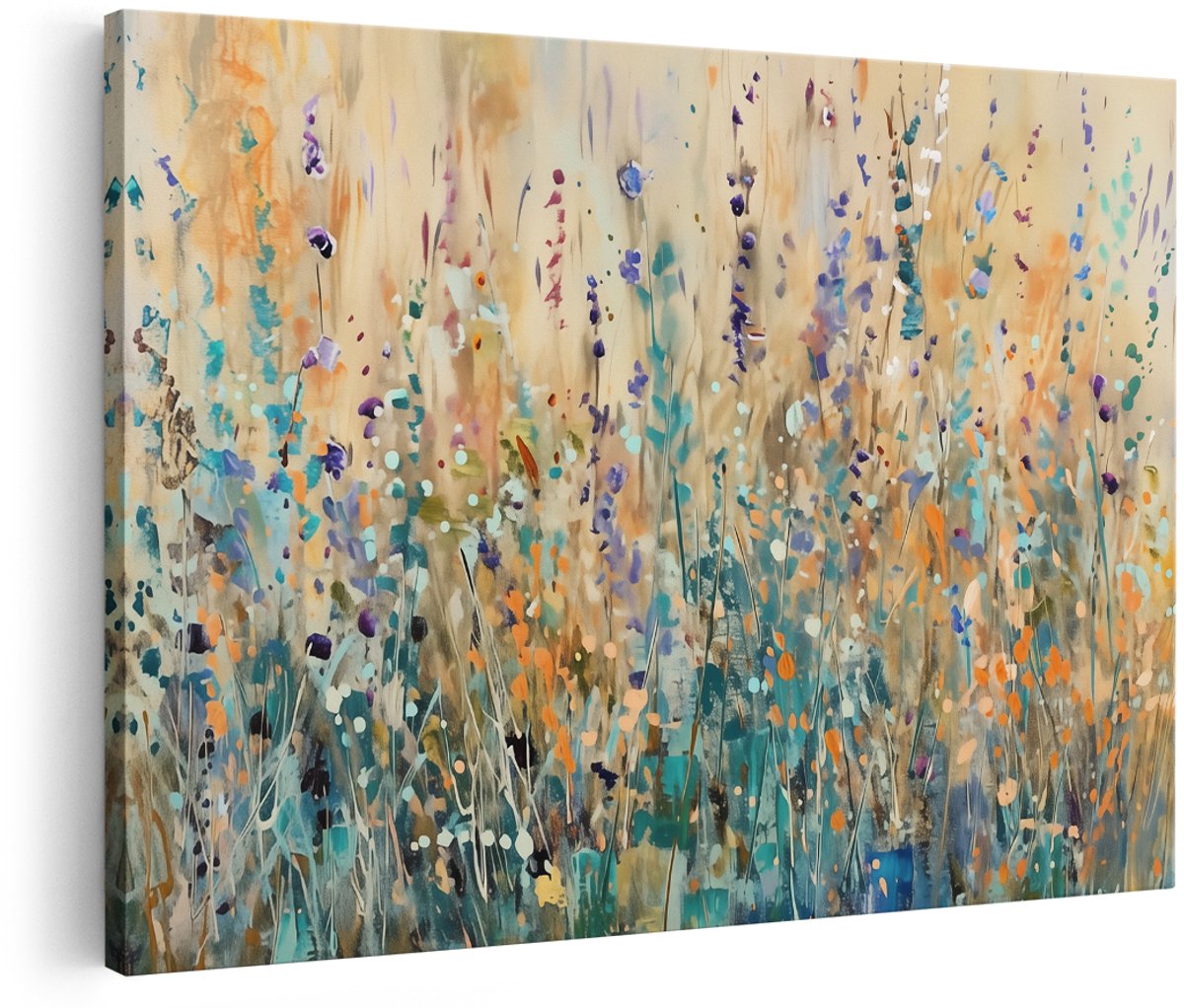 Artaza Canvas Schilderij Abstract Veld met Bloemen - Bloemen - 150x100 cm - Groot - Wanddecoratie Woonkamer - Schilderijen - Muurdecoratie