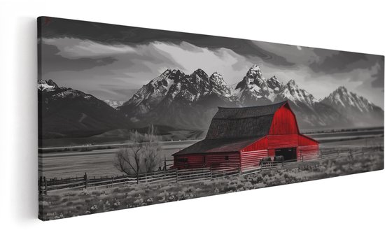 Een rood met zwart-wit schilderij van een schuur met bergen.
