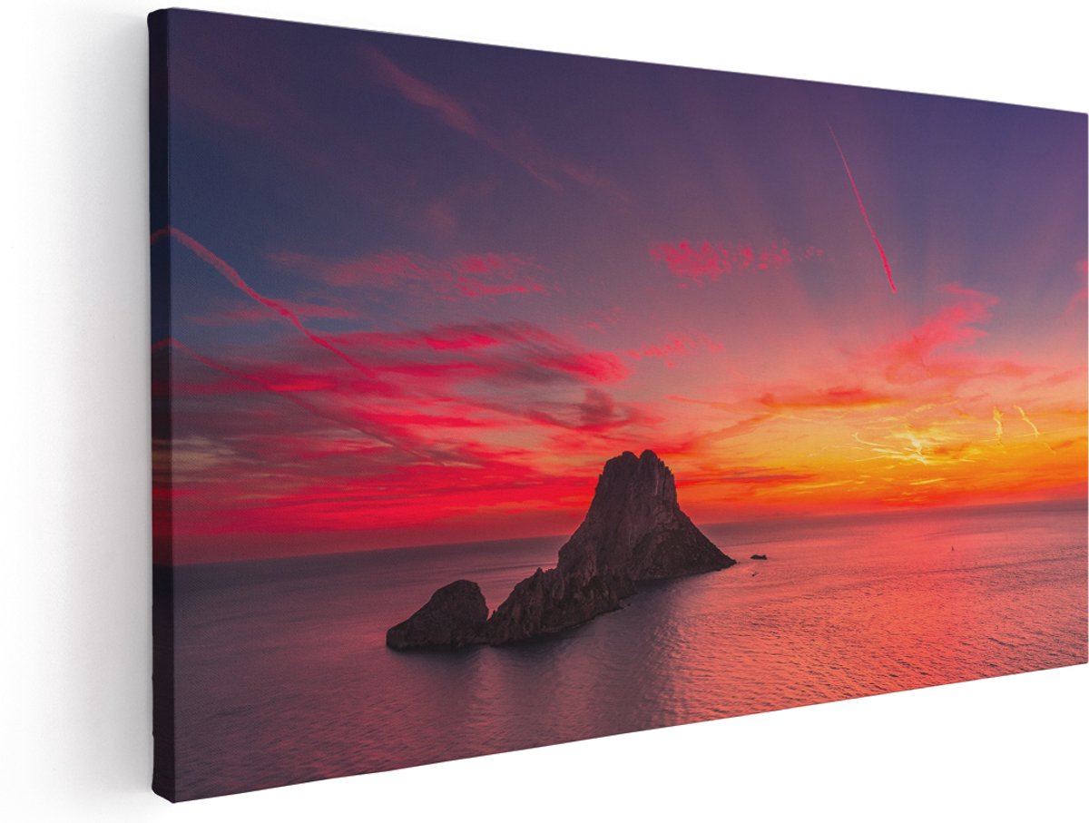 Artaza Canvas Schilderij Ibiza Rotsen Eiland bij Zonsondergang - 140x70 cm - Groot - Wanddecoratie Woonkamer - Schilderijen - Muurdecoratie