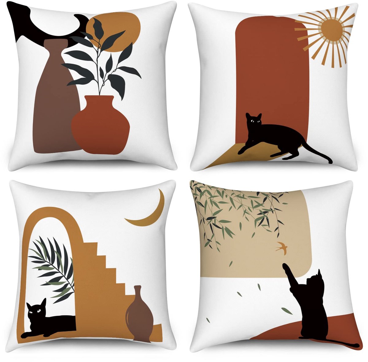 Linnen Kussenhoezen - Boho en Moderne Minimalistische Kunst design met Abstracte Zwarte Kat, Plant, Zon en Maan - Voor bank, buiten en woondecoratie - 50x50 cm 4 stuks