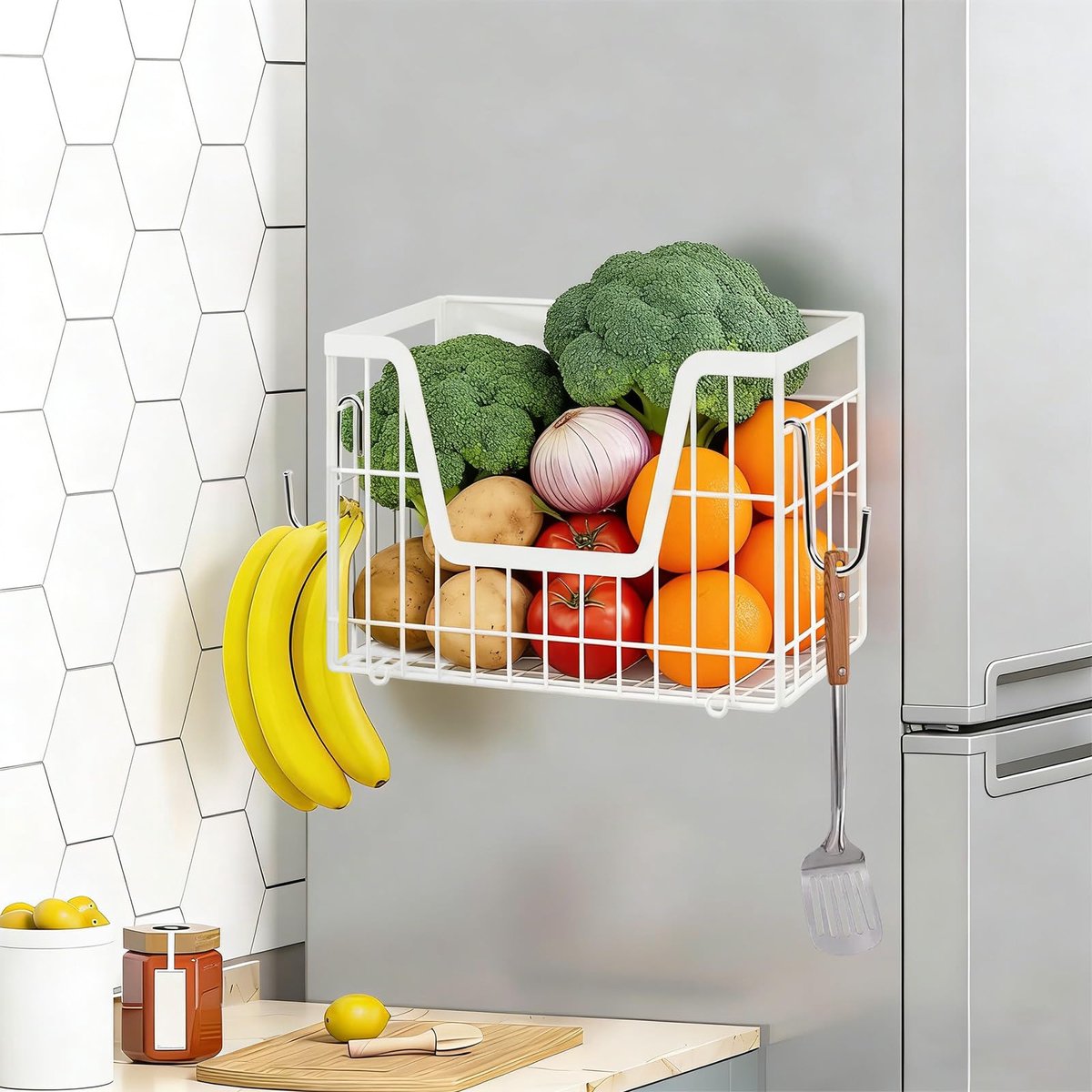 Magnetisch Opbergrek - Met Beweegbare Haken - Voor Koelkast, Wasruimte & Keuken - Organizer voor Kruiden, Fruit & Keukengerei - Wit