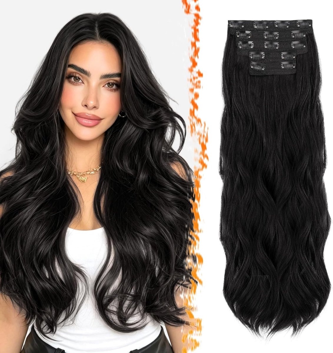 60cm Synthetische Gelaagde Golvende Zwarte Clip-in Haarextensions voor Volumineus Haar