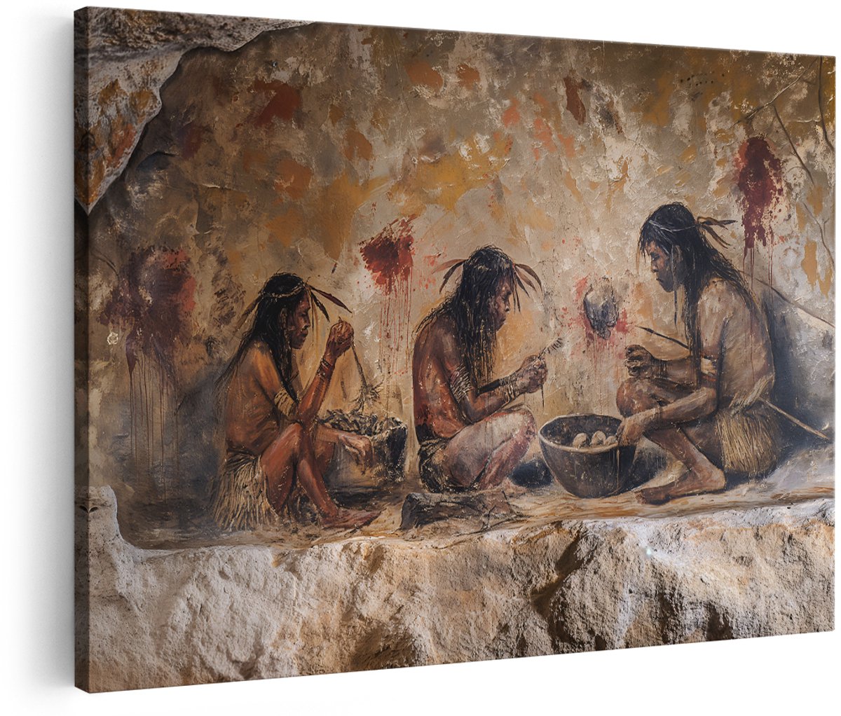 Artaza Canvas Schilderij Prehistorische Mensen - 180x120 cm - Groot - Wanddecoratie Grotschildering - Muurdecoratie Aardetinten - Decoratie Oker