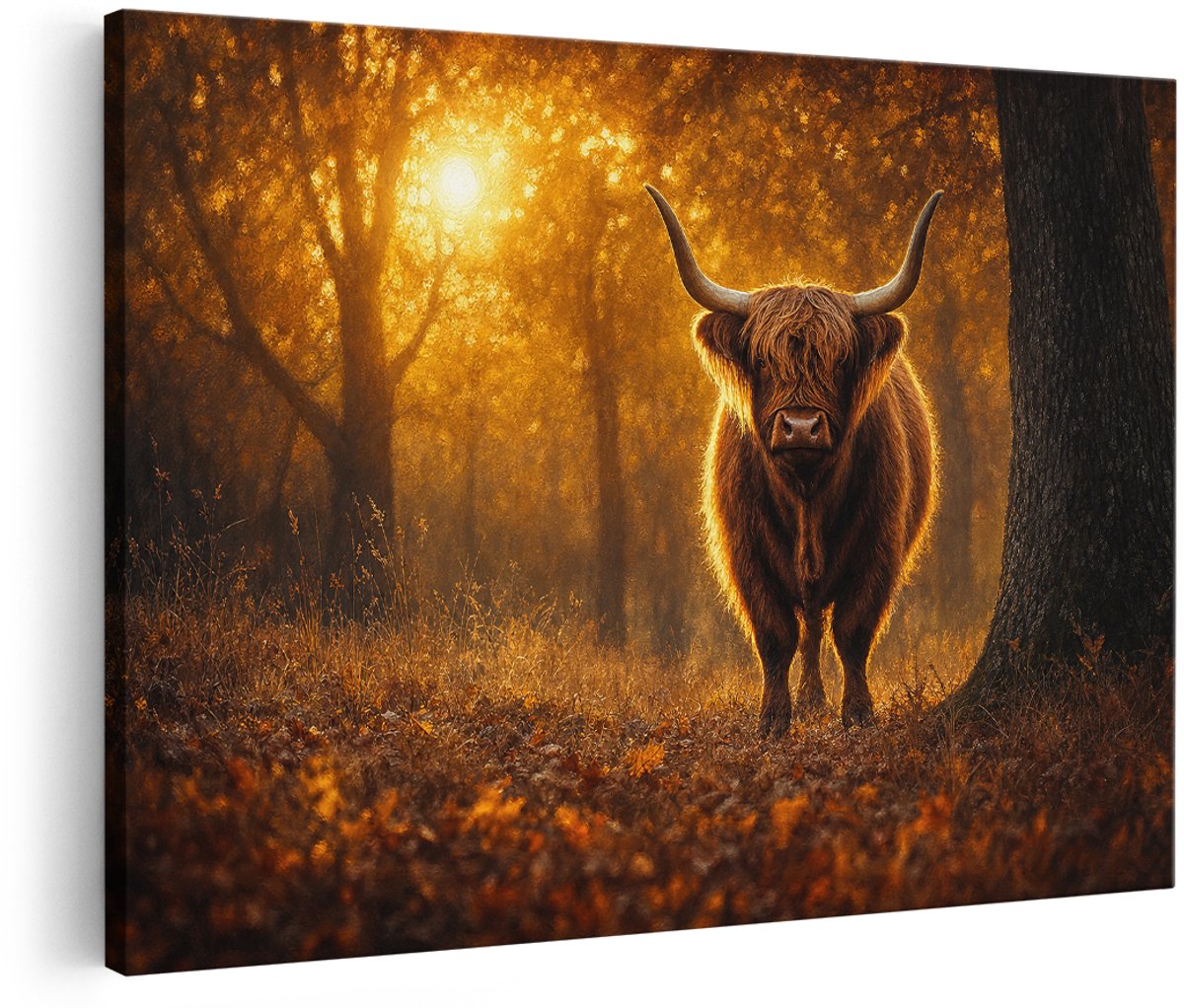 Artaza Canvas Schilderij Schotse Hooglander In Herfstbos - Warm Gouden Natuur - 180x120 cm - Groot - Wanddecoratie Woonkamer - Schilderijen - Muurdecoratie