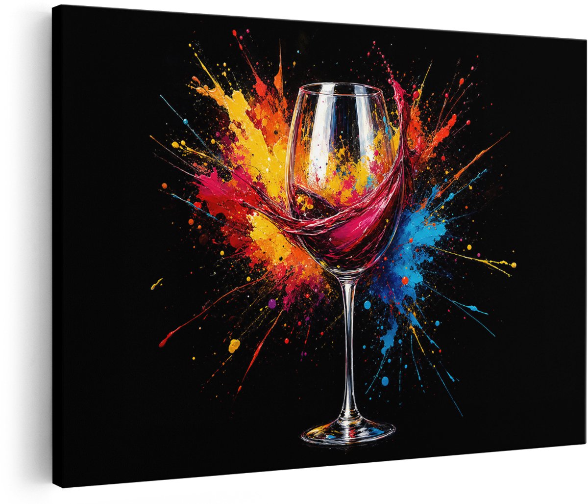 Artaza Canvas Schilderij Wijn Glas Met Kleurrijke Verfspatten - Streetart Kunst - 180x120 cm - Groot - Wanddecoratie Woonkamer - Schilderijen - Muurdecoratie