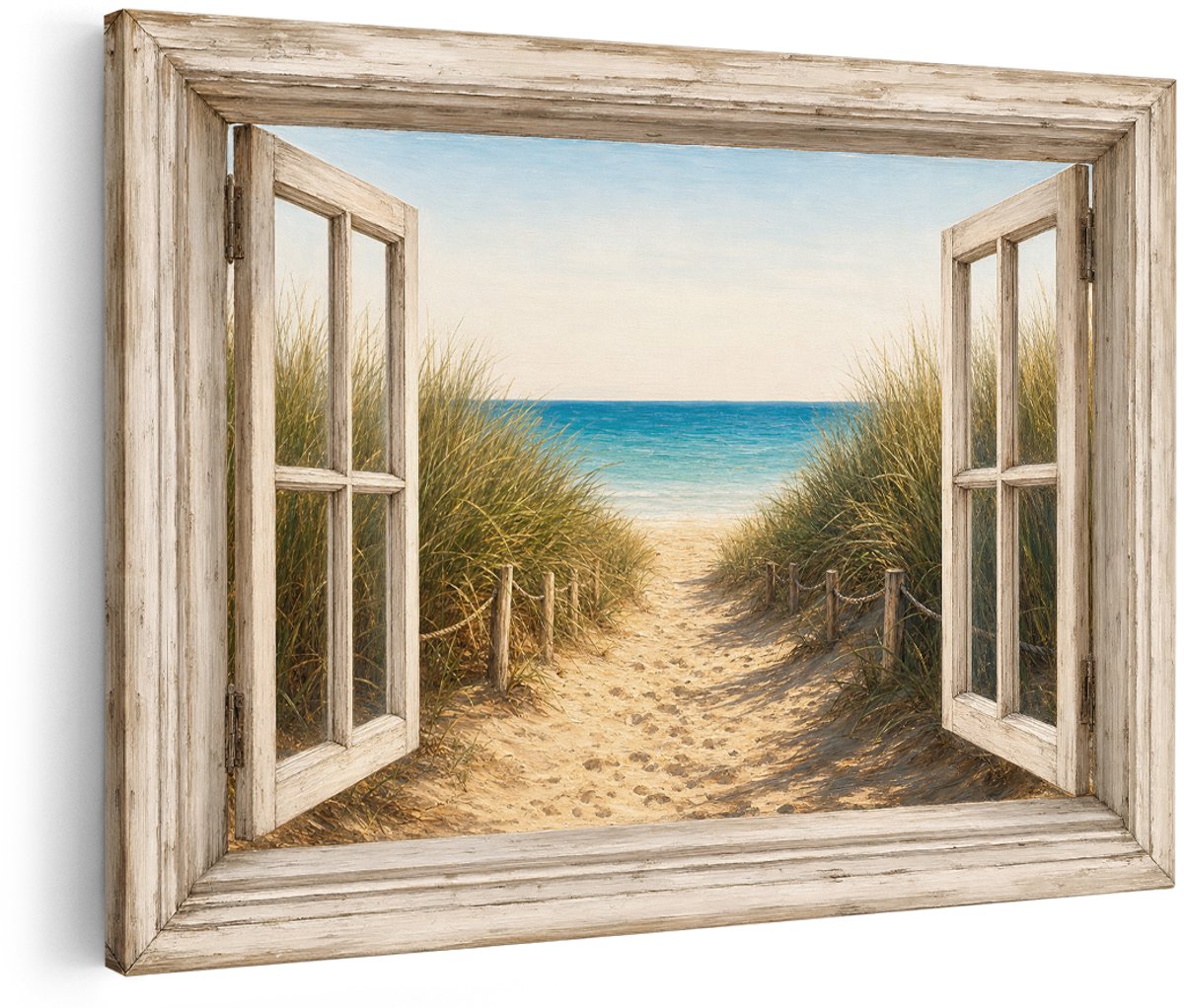 Artaza Canvas Schilderij Strand Doorzicht - Zee En Duin - Blauwe Lucht - 180x120 cm - Groot - Wanddecoratie Woonkamer - Schilderijen - Muurdecoratie
