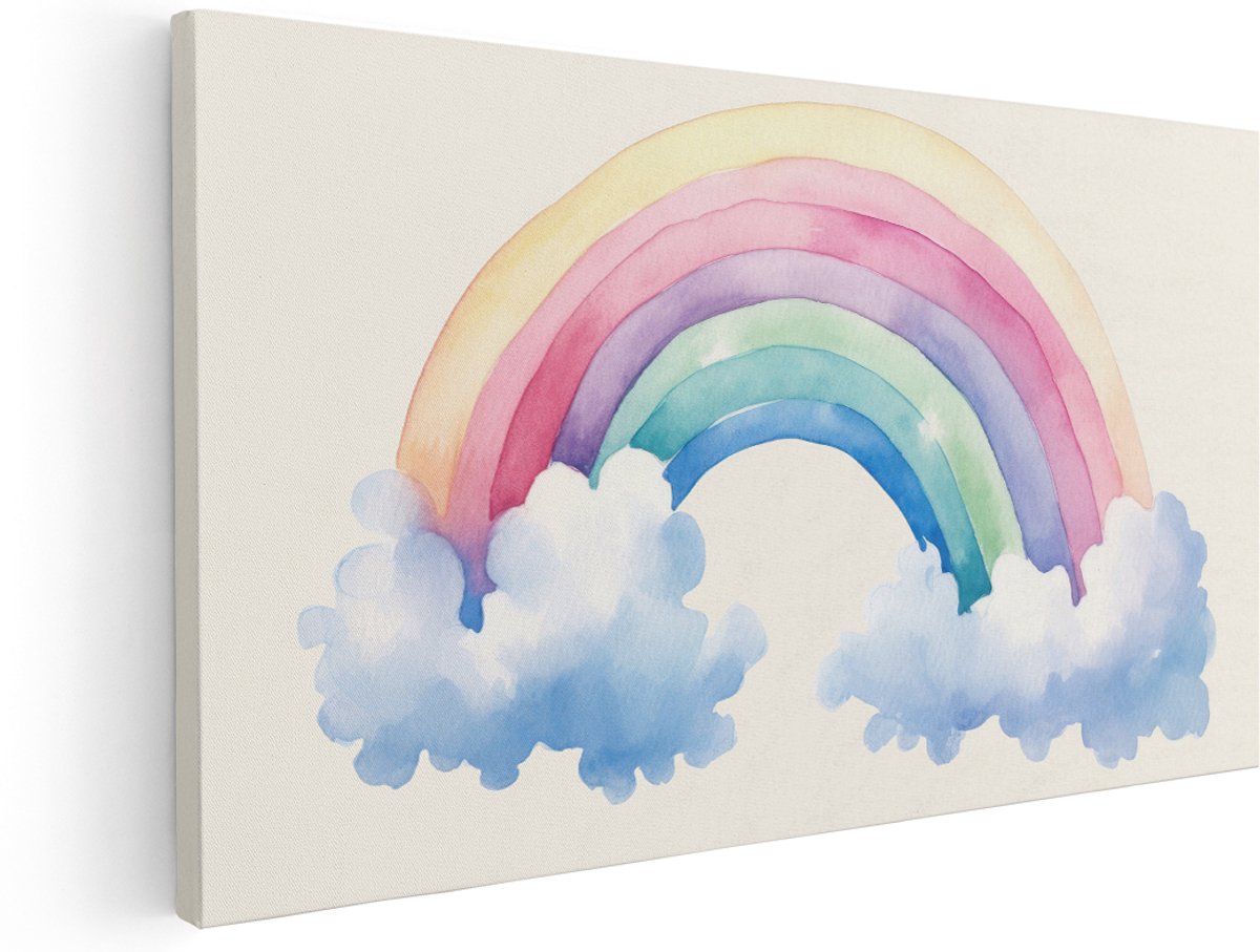 Artaza Canvas Schilderij Regenboog Met Wolken - 180x90 cm - Groot - Wanddecoratie Babykamer - Muurdecoratie Meisjeskamer - Schilderijen Op Canvas Aquarel