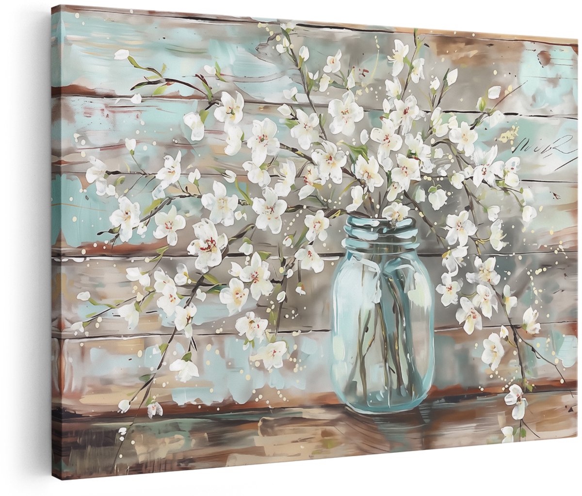 Artaza Canvas Schilderij Witte Bloemen in een Glazen Pot - Bloemen - 180x120 cm - Groot - Wanddecoratie Woonkamer - Schilderijen - Muurdecoratie