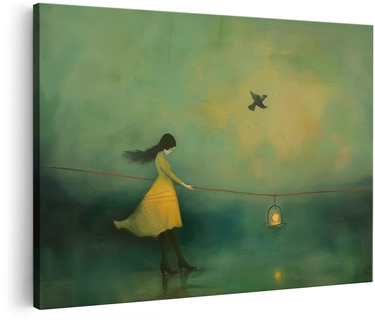Artaza Canvas Schilderij Meisje met een Vogel en een Lantaarn - 180x120 cm - Groot - Wanddecoratie Woonkamer - Schilderijen - Muurdecoratie
